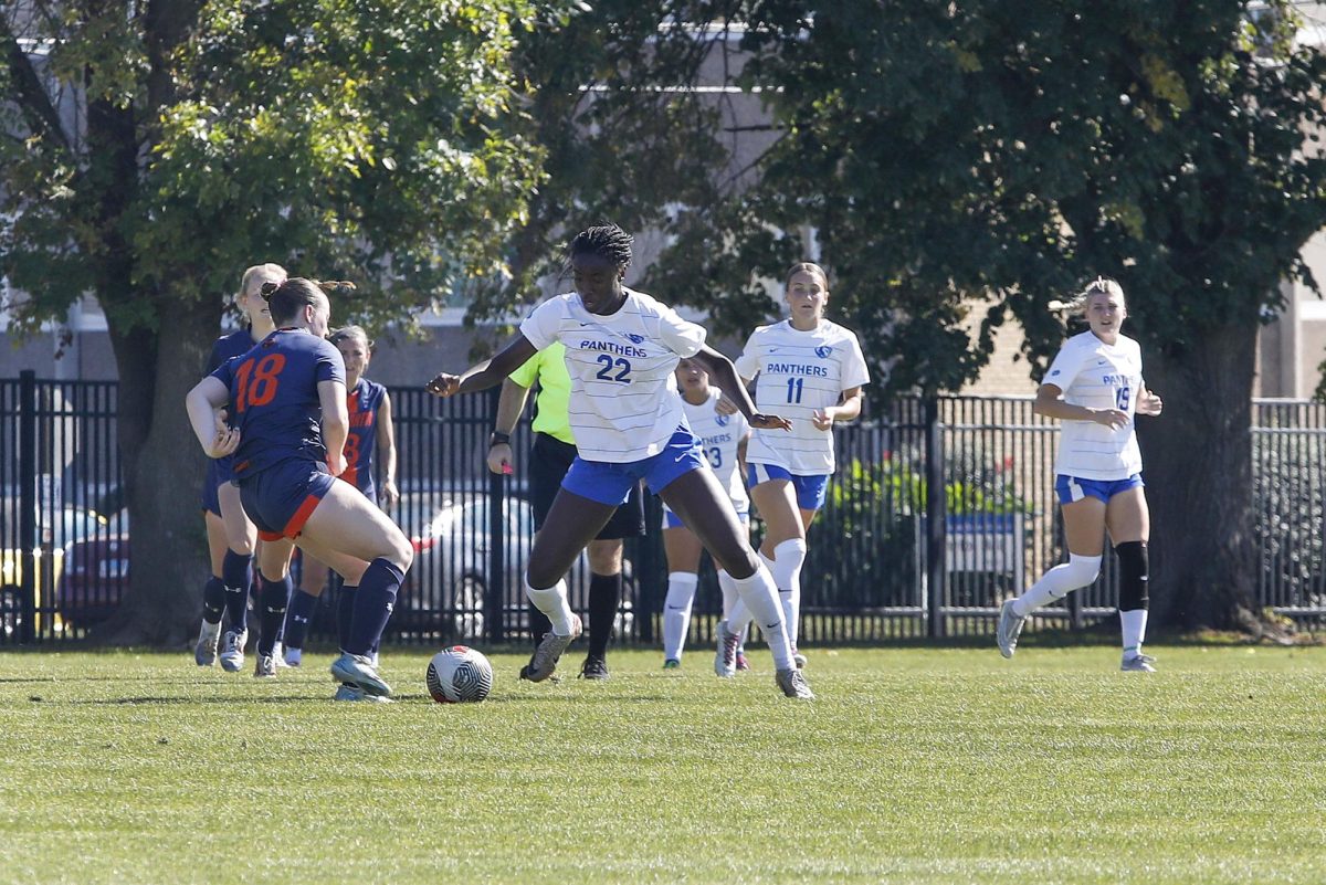 Sophomore forward Alex Tetteh (22) looks for a pass during the women's soccer game against the UT Martin Skyhawks Sunday at Lakeside Field. Tetteh had three shots and one shot on goal. The Panthers lost 1-0 against the Skyhawks. 