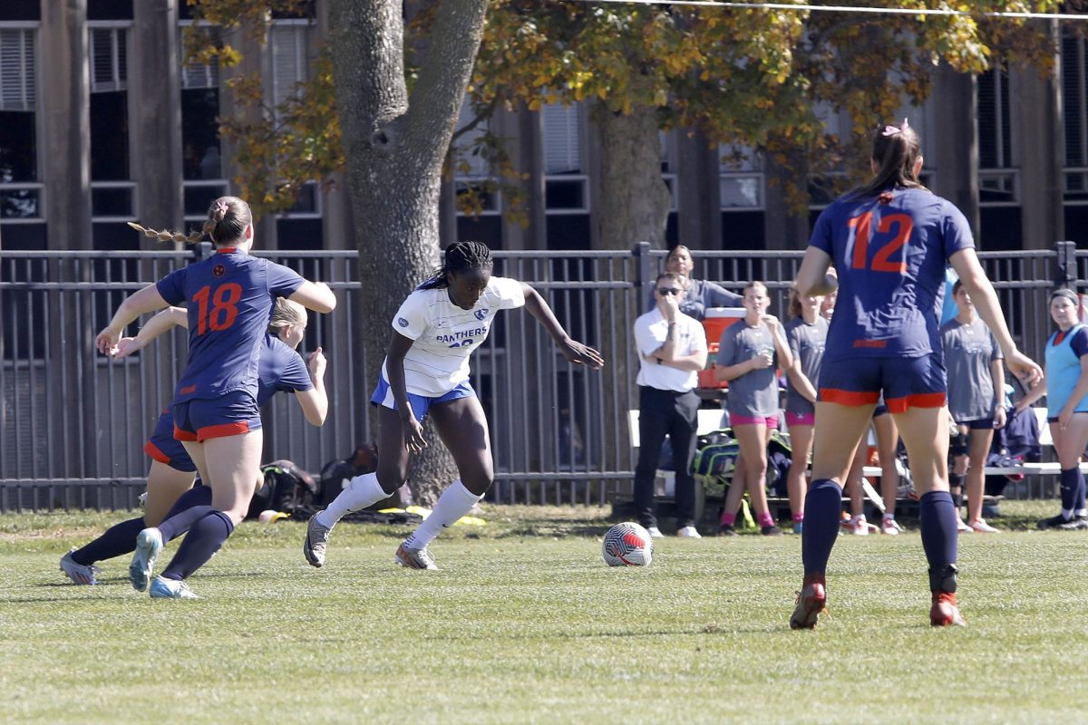 Sophomore forward Alex Tetteh (22) gains control of the ball during the women's soccer game against the University of Tennessee Skyhawks Sunday at Lakeside Field. Tetteh had three shots and one shot on goal. The Panthers lost 1-0 against the Skyhawks. 