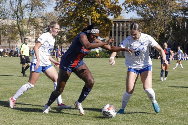 Senior forward Makayla Robinson (6) runs past junior midfielder Ella Onstott (20) and senior defender Morgan Rinker (18) during the women's soccer game against the UT Martin Skyhawks Sunday at Lakeside Field. Robinson had two shots. Onstott had one shot on goal. The Panthers lost 1-0 against the Skyhawks. 