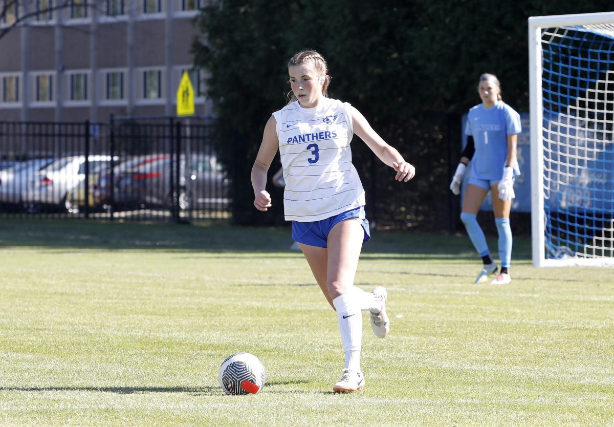 Freshman defender Colleen Bauer dribbles the ball up from the goal after an attempted goal during the women's soccer game against the UT Martin Skyhawks Sunday at Lakeside Field. The Panthers lost 1-0 against the Skyhawks. 