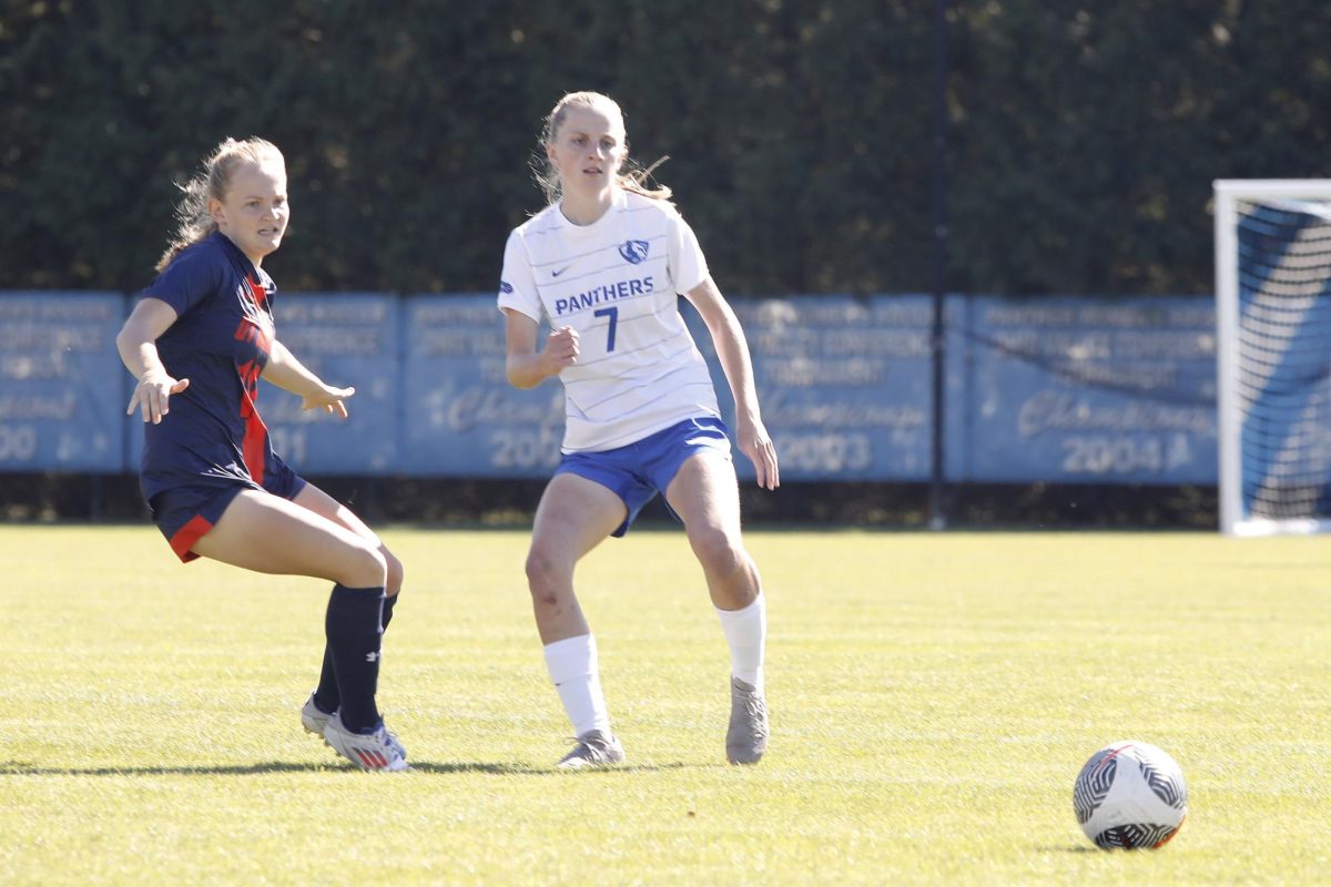 enior forward Carys Greive (7) kicks the ball forward away from Abbie McHenry, left, toward a teammate during the women's soccer game against the UT Martin Skyhawks Sunday at Lakeside Field. The Panthers lost 1-0 against the Skyhawks. 