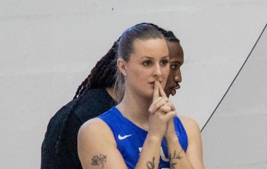 Junior outside hitter Matilda Dahlström, supports the volleyball team from the sideline during the matchup between Eastern Illinois University and Southern Illinois University Edwardsville.