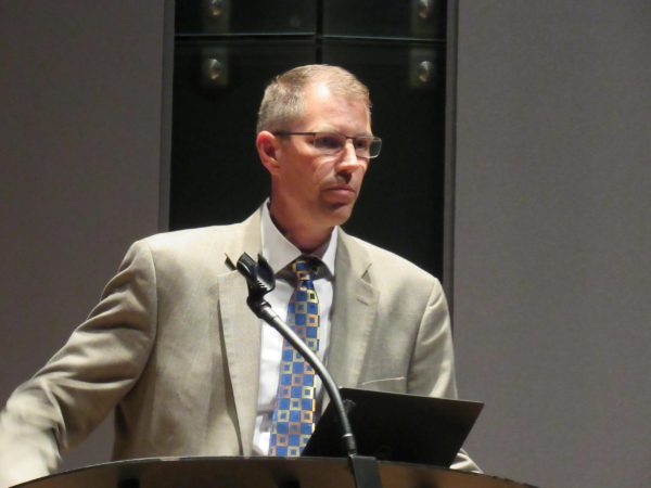 Vice President of Business Affairs Matt Bierman presents at the Eastern Illinois University budget town hall in the Doudna Recital Hall on Wednesday.