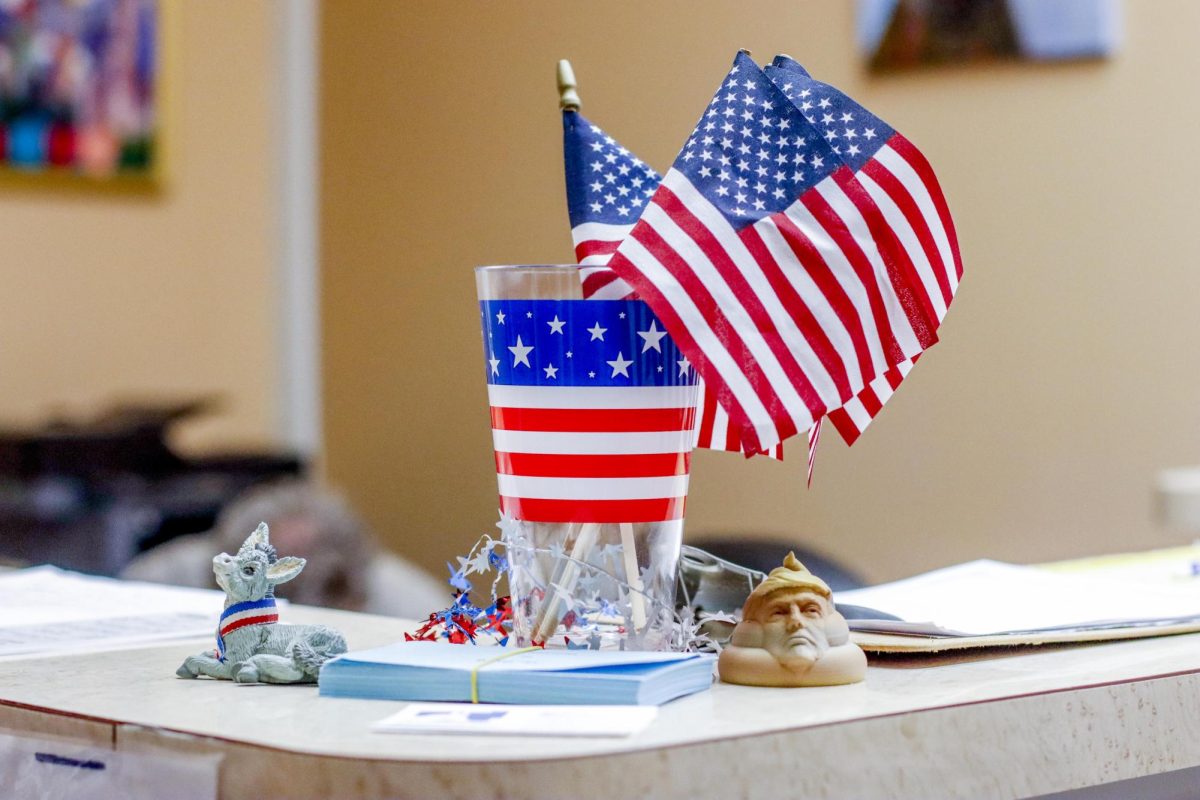 Democratic paraphernalia on the table at the front entrance of the Coles County Democratic Party headquarters on Tuesday.
