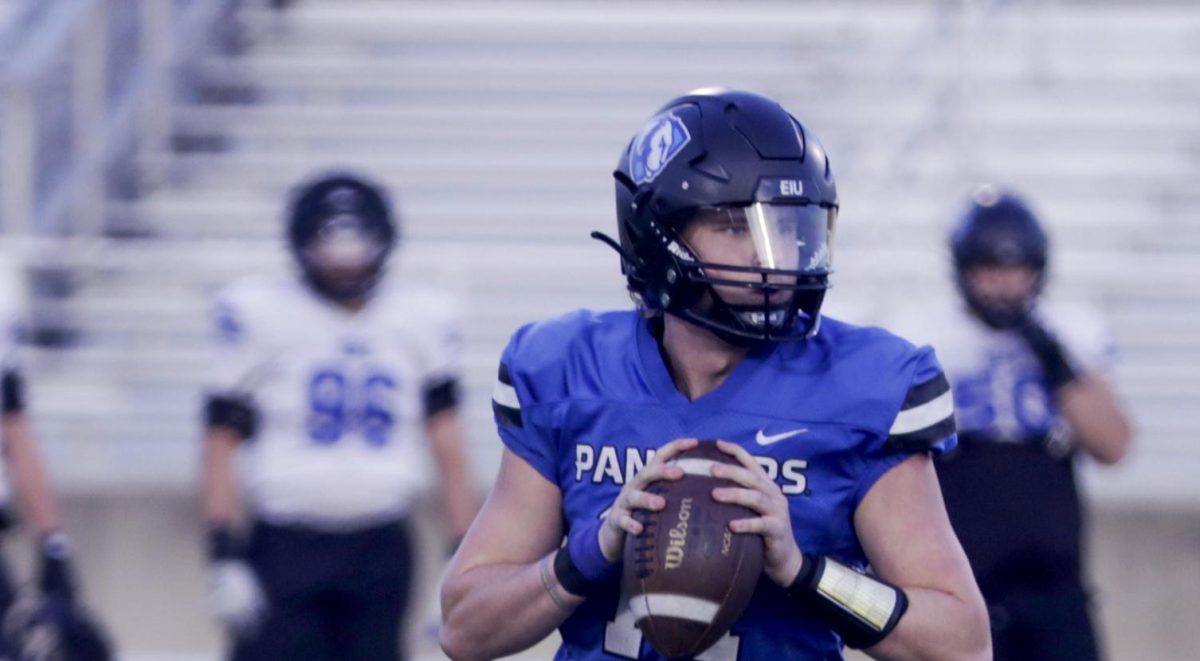 Quarterback Redshirt Freshman, Blainey Dowling, prepares to throw the ball while doing a scrimmage drill on O'Brien Field 