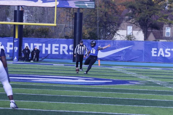 Senior kicker Julian Patino gets ready for a kickoff return against the Charleston Southern Buccaneers on Saturday afternoon in O’Brien Stadium. The Panthers beat the Buccaneers 16-13.