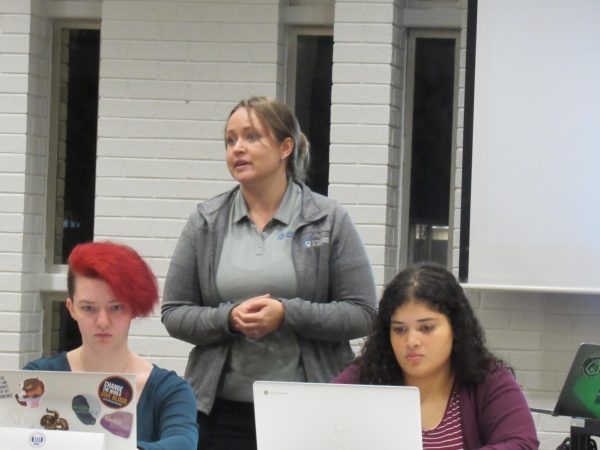 Samantha McCullough from the Coles County Regional Planning and Development Commission speaks with the student senate at its weekly meeting on Wednesday in the South Quad Commons.