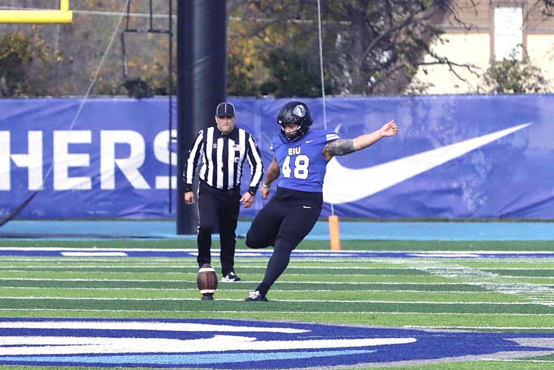 Senior kicker Julian Patino gets ready for a kickoff return against the Charleston Southern Buccaneers on Saturday afternoon in O’Brien Field. The Panthers beat the Buccaneers 16-13.