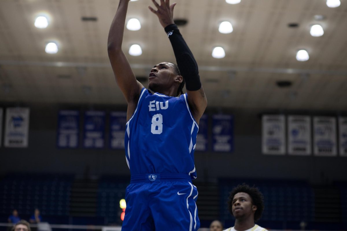 Redshirt Junior Forward Blake Goodman shoots and scores during the first half of the game of  The Eastern Illinois University against Earlham Quakers men basketball game at Groniger Arena ,