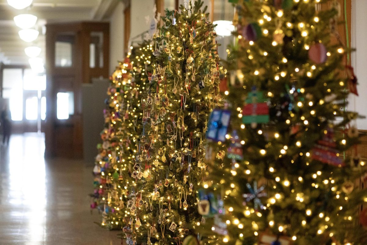 Old Main is getting festive with trees in the main lobby on the first floor decorated with different ornaments Monday.