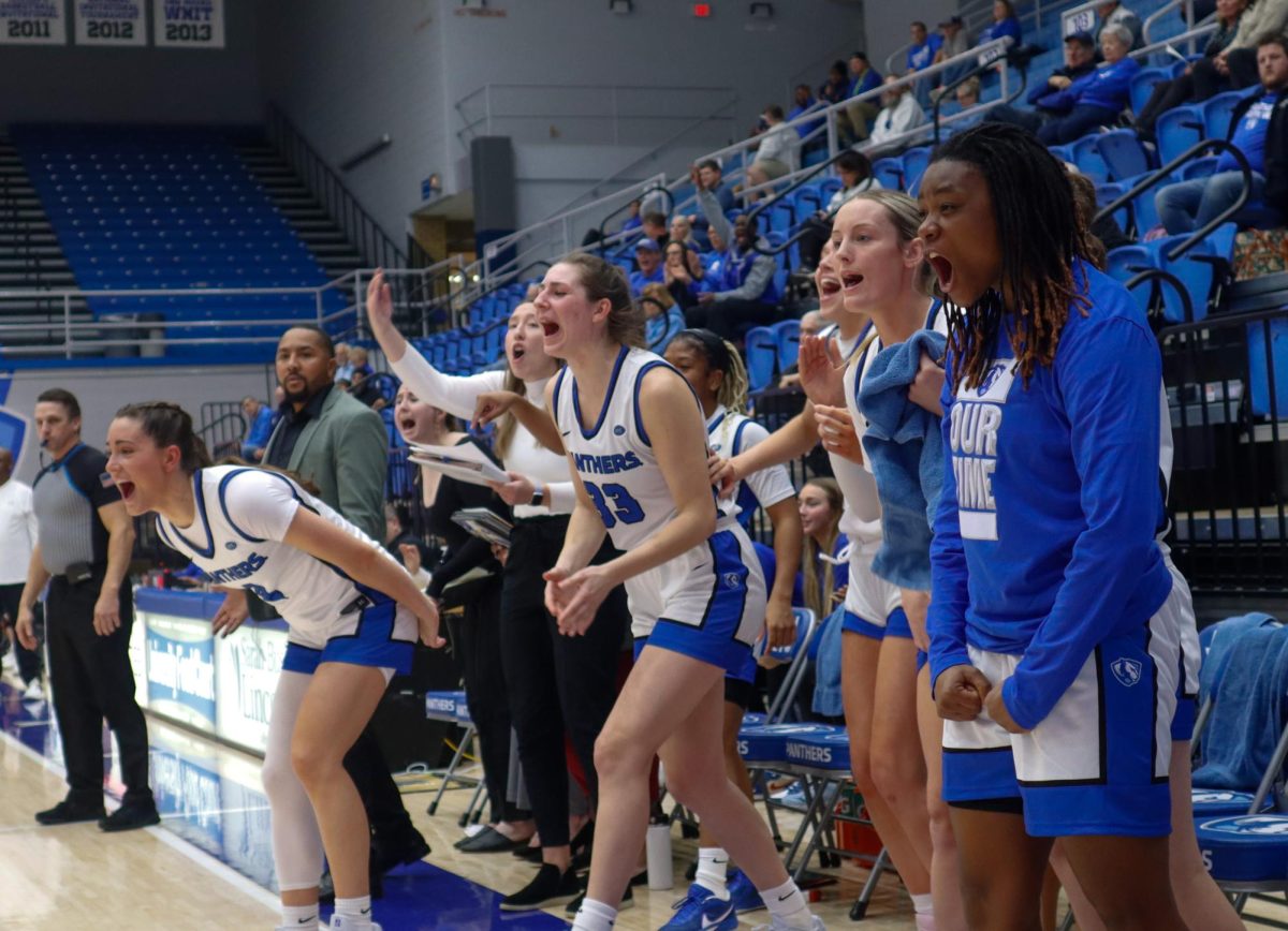 Players of the Eastern Illinois University women's basketball team cheer on teammates during their game against the Indiana State Sycamores on Friday, Dec. 6, 2024 in Groniger Arena. 
