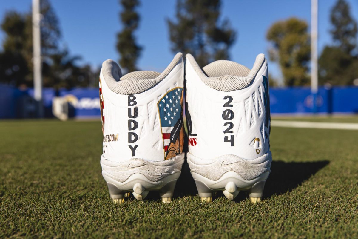 Former Eastern quarterback and current Los Angeles Rams’ quarterback Jimmy Garoppolo’s custom cleats for K9s for Warriors. Garoppolo wore these cleats in the Rams’ 44-42 win over the Buffalo Bills on Sunday, December 8 at SoFi Stadium.