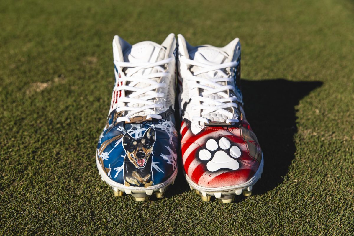 Former Eastern quarterback and current Los Angeles Rams’ quarterback Jimmy Garoppolo’s custom cleats for K9s for Warriors. Garoppolo wore these cleats in the Rams’ 44-42 win over the Buffalo Bills on Sunday, December 8 at SoFi Stadium.