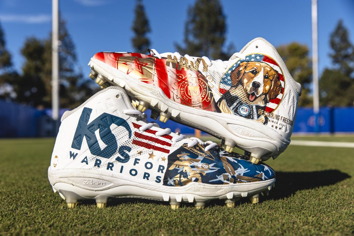 Former Eastern quarterback and current Los Angeles Rams’ quarterback Jimmy Garoppolo’s custom cleats for K9s for Warriors. Garoppolo wore these cleats in the Rams’ 44-42 win over the Buffalo Bills on Sunday, December 8 at SoFi Stadium.