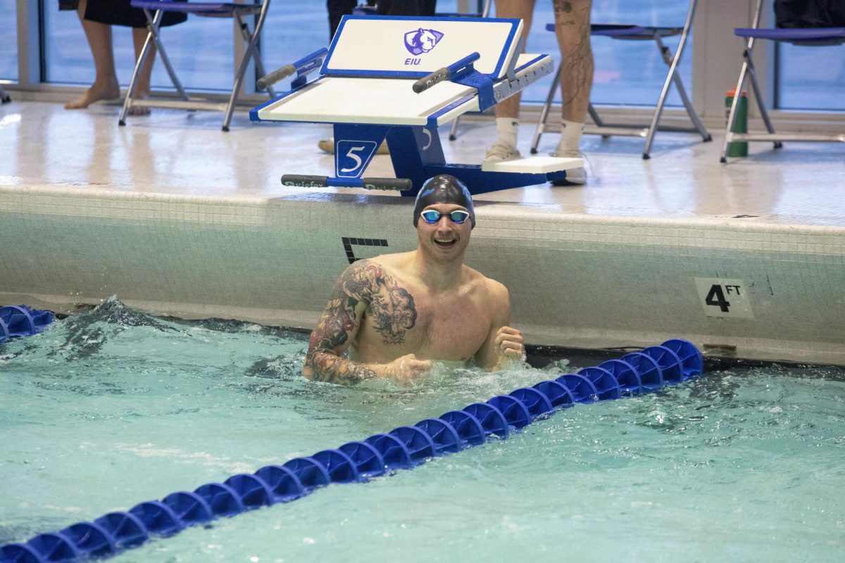 Senior Freestyle swimmer Conner Colston reacting to getting fourth place in the 50-yard freestyle with a time of 22.26 during the Eastern Illinois men’s loss against Lewis University 152-110 on Friday evening.