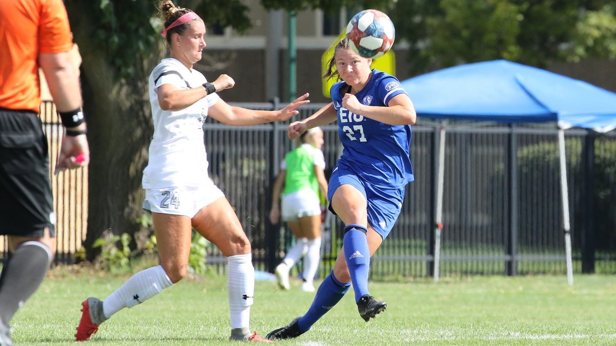 Centerback Sarah Hagg, then a sophomore, playing in a game against Purdue Fort Wayne on August 21, 2022 . Eastern won the game 2-0. at Lakeside Field on the Eastern Illinois University campus, Charleston Ill.