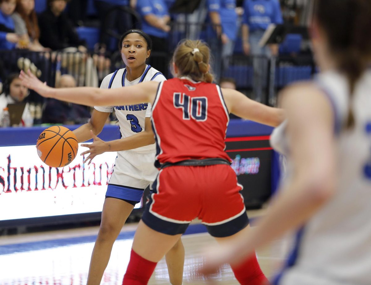 EIU senior guard Alex Rouse (3) looks to pass the ball during the women's basketball game against University of Southern Indiana at Groniger Arena Saturday. Rouse scored eight points and had two rebounds The Panthers won 51-49 in a late game layup and free throw with 13 seconds left allowing the Panthers to continue on a 10-0 win streak in the Ohio Valley Conference.  