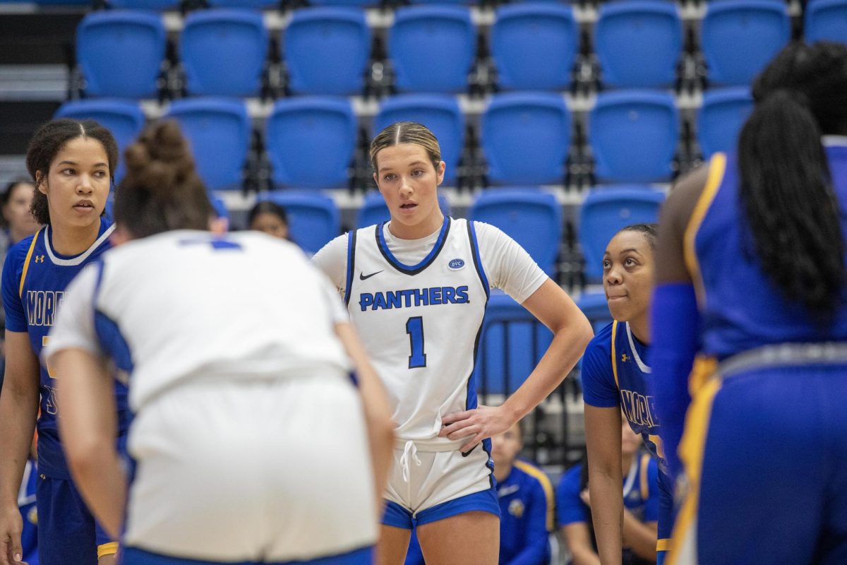 Sophomore forward Ella Lune stands on the side box for an EIU free throw during the first half of the game against Morehead State.