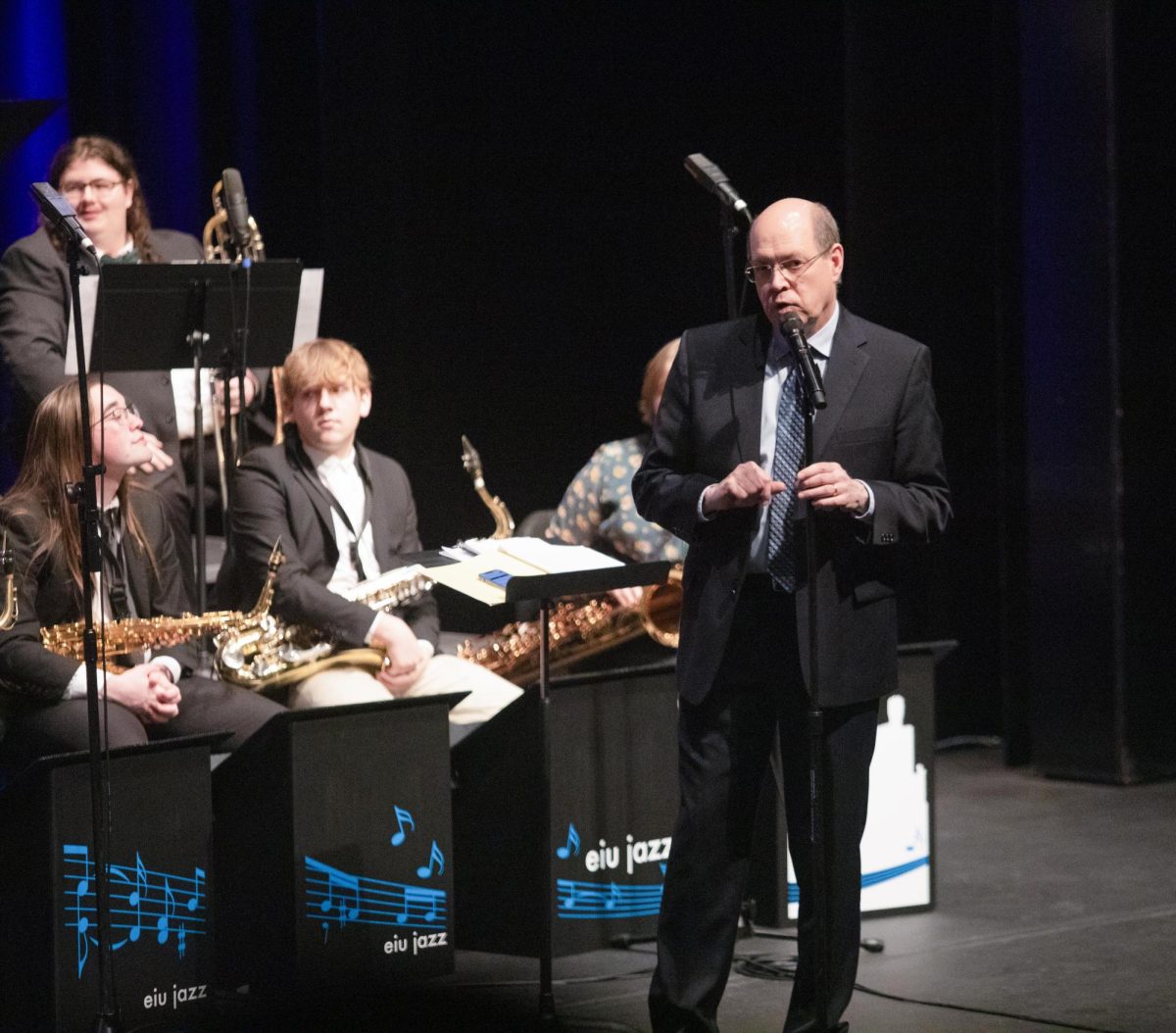 Director of the Eastern Jazz Ensemble Sam Fagaly thanked everyone involved that put on the jazz concert before the last song of the night in the Theatre in the Doudna Fine Arts Center.