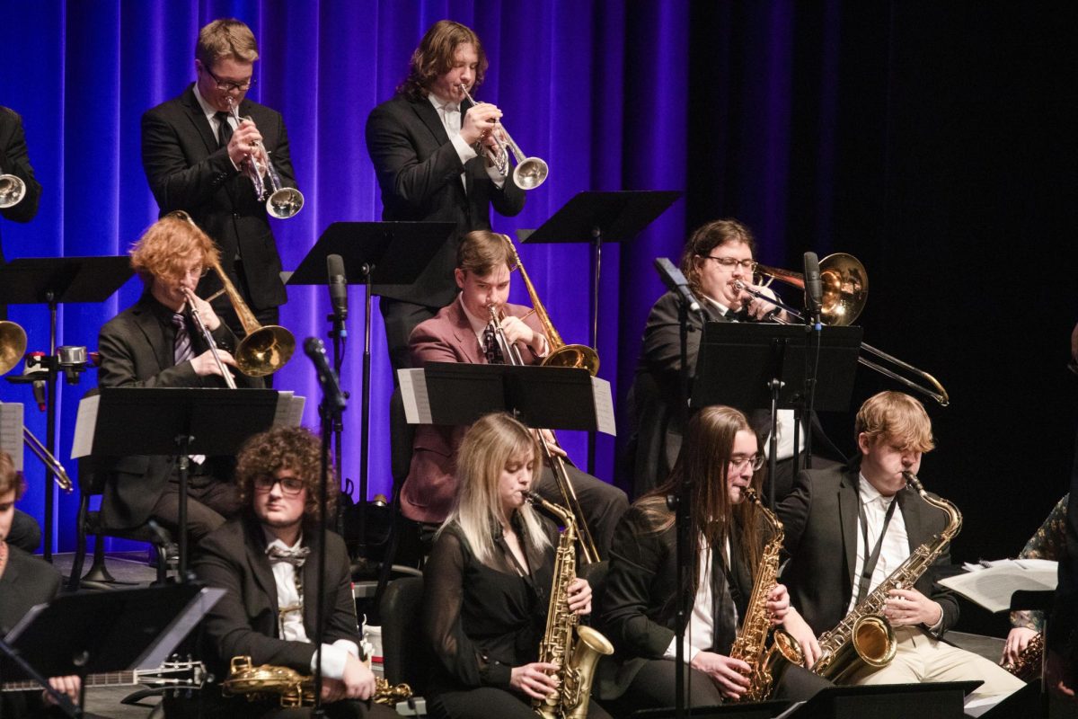 The horn section of the Eastern Jazz Ensemble performing at the first performance of the Eastern Jazz festival in the Theatre in the Doudna Fine Arts Center on Friday.