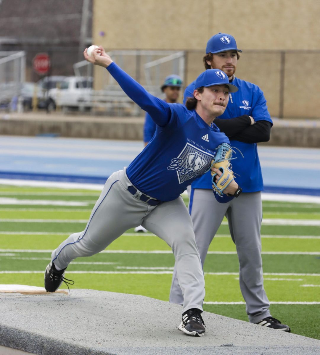 Senior right-handed pitcher Tyler Conklin pitching in the Eastern Illinois University baseball team's intrasquad scrimmage at O'Brien Field in Charleston, Illinois on Jan. 31.