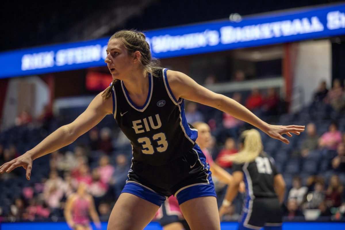 Forward senior Macy McGlone plays defences ready for the ball, during the game Thursday Feb 20,2025 in Evansville Indiana against Souther Indiana Screaming Eagles, panthers lost 66-46. at Liberty Arena.