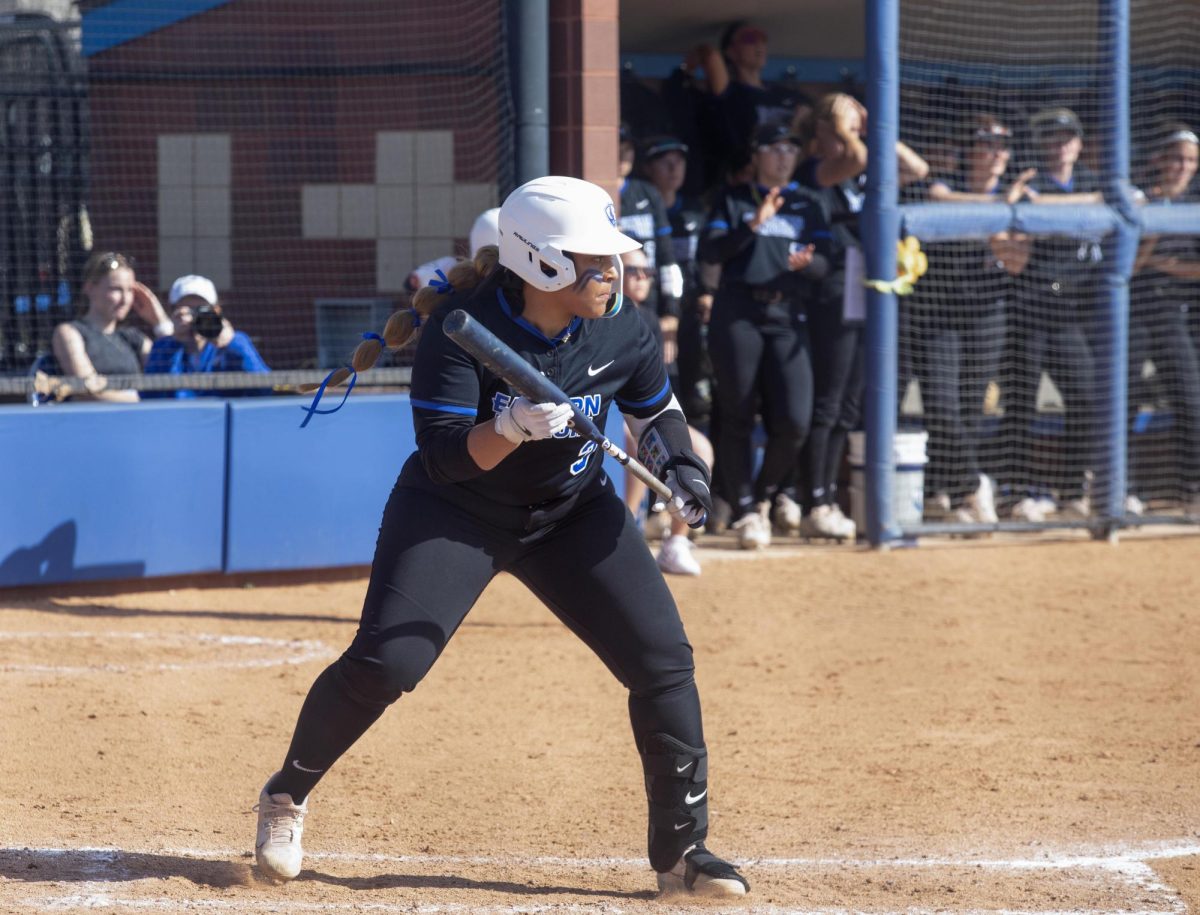 Eastern Illinois softball freshman catcher Kira Manganello going for a bunt at Williams Field during Eastern’s first game against Southeast Missouri State as Eastern split the games as Eastern lost the first game 3-0 and won the second 8-5 on Saturday.