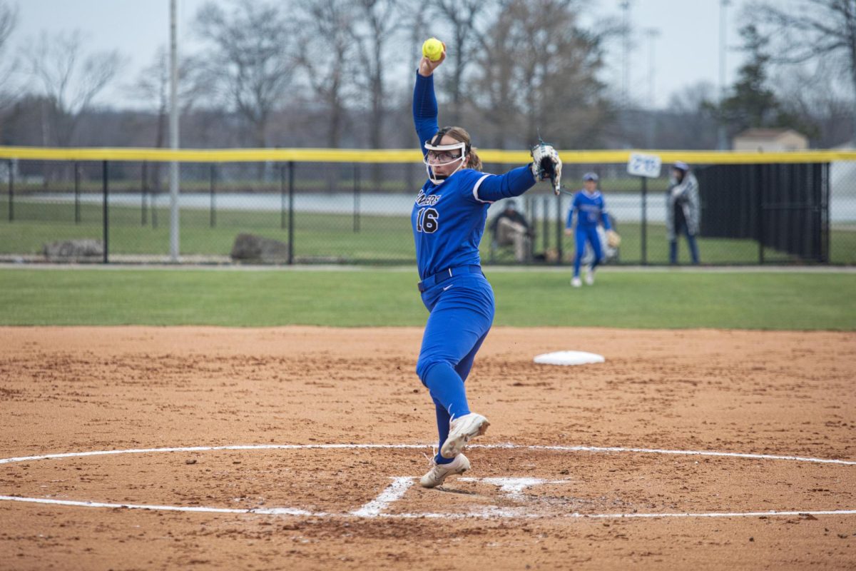 Eastern Illinois University softball sophomore pitcher McKenzie Oslanzi winds up to deliver the pitch at Williams field as Eastern lost to Washington 3-2 in eight innings on Thursday.