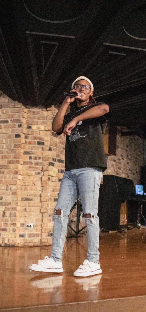 Eastern Illinois freshman computer information technology major Malik Washington raps a song he wrote. He placed third in the Strong M.A.N. talent show.