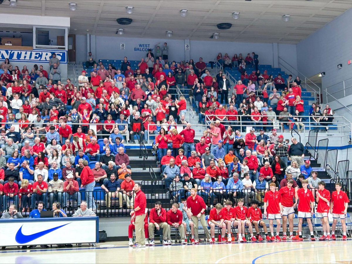The St. Anthony High School players and coaches watch along while its fans watch the game in the background at the Illinois High School Association Class 1A Super sectional game at Groniger Arena on Monday.