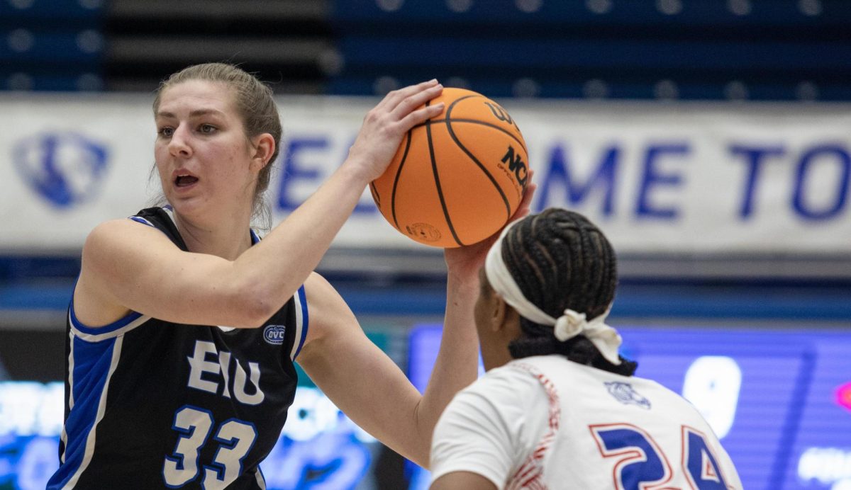 [Thumbnail Edition] Senior, forward Macy McGlone finds an open teammate to pass the ball too during the game against the Tennessee State Tigers 69-49, in Groniger Arena on the Eastern Illinois University campus, Charleston Ill.  