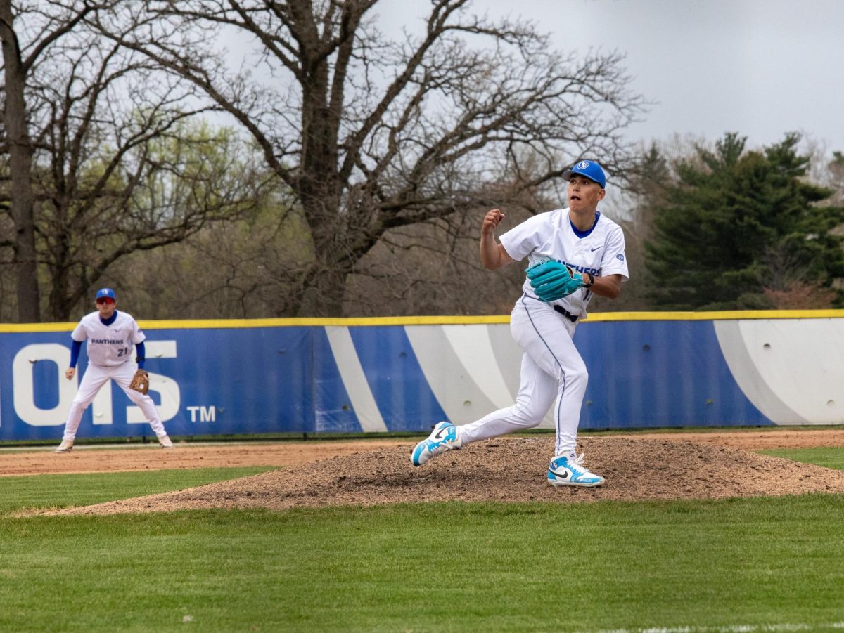 Right-handed pitcher sophomore Anthony Solis looks for the ball after he pitches it to the batter during the baseball game at Coaches Stadium against Tennessee Tech