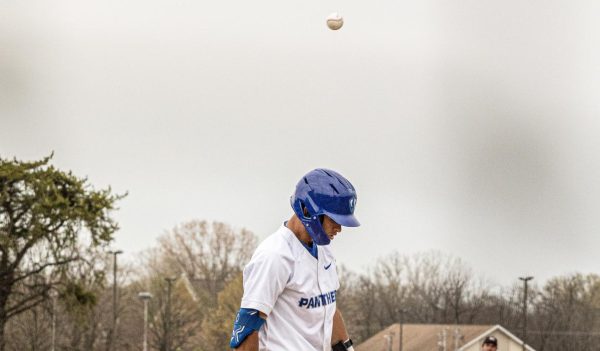 Utility senior Tyler Castro steps off the box as he batts the ball up into the air, at Coaches Stadium against Tennessee Tech on the Eastern Illinois University campus, Charleston Ill. April 17, 2025.