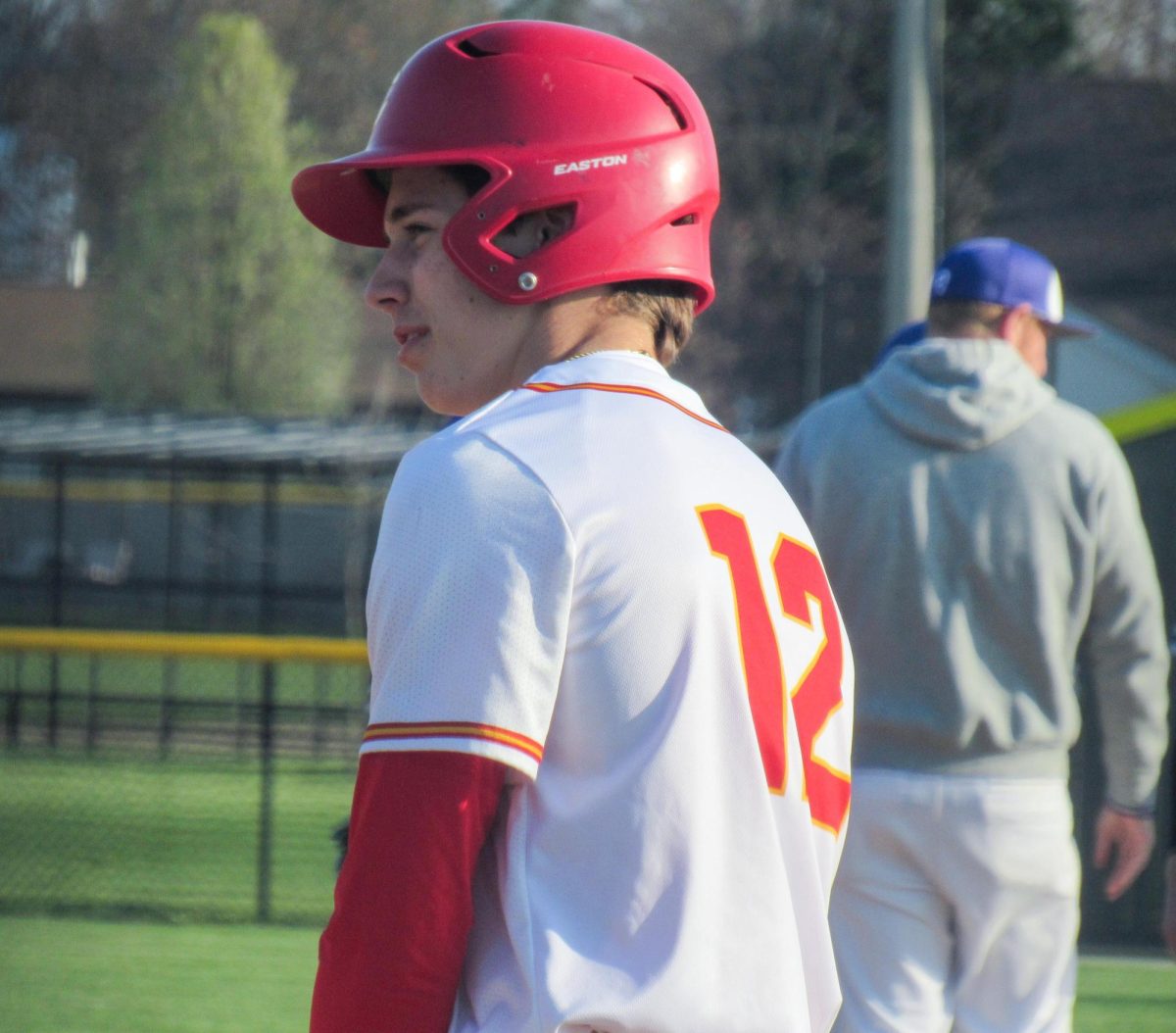 Charleston High School sophomore first basemen Russ Applegate getting ready to step into the batter's box as he registered three hits and five RBIs in Charleston's 9-1 win over Shelbyville at Baker field on Friday April 11.