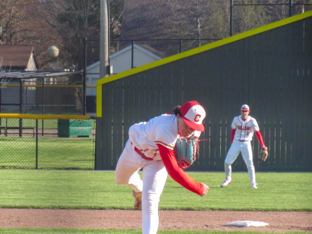 Charleston High School sophomore pitcher Wyatt Gordon throwing a pitch to the catcher as he pitched six hitless innings in Charleston's 9-1 win over Shelbyville at Baker field on Friday April 11.