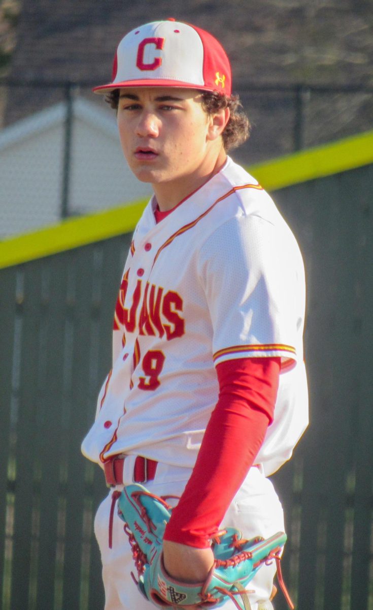 Charleston High School sophomore pitcher Wyatt Gordon looking at the catcher before pitching the ball as he pitched six hitless innings in Charleston's 9-1 win over Shelbyville at Baker field on Friday April 11.