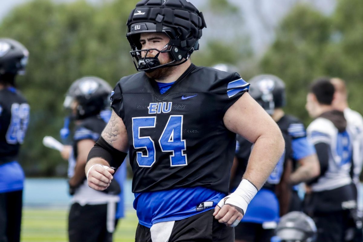 Junior offensive line Nic DiSanto running to his position for practice at O'Brien Field on the Eastern Illinois University campus, Charleston Ill. April 3, 2025. 