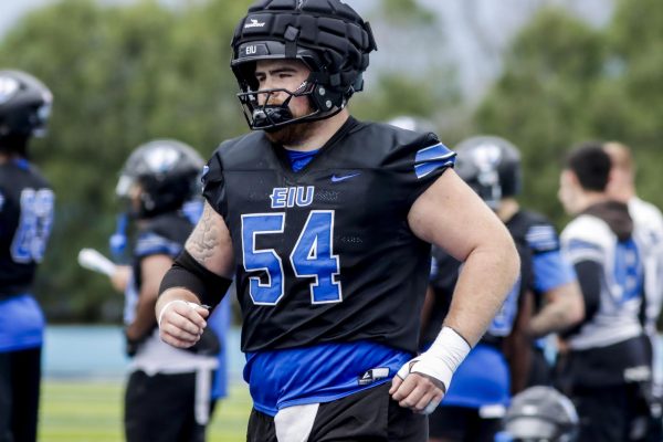 Junior offensive line Nic DiSanto running to his position for practice at O'Brien Field on the Eastern Illinois University campus, Charleston Ill. April 3, 2025. 