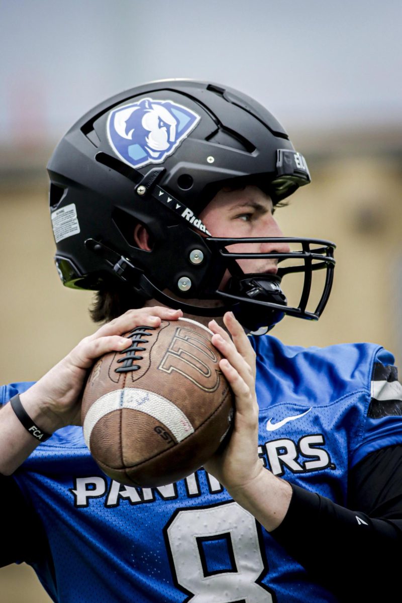 Quterback redshirt junior Joey Sprinkle, pratices his throw and passes during practice at O'Brien Field on the Eastern Illinois University campus, April 3, 2025 