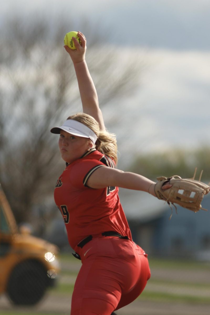 Charleston High School sophomore Railyn Cox pitches the ball during Charleston's 8-7 win over Flora High School on Monday, March 31. 
