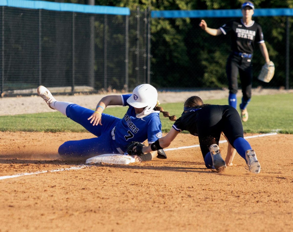 Eastern Illinois softball senior infielder Briana Gonzalez sliding into third base after hitting a leadoff triple in the bottom of the fifth inning at Williams field during Eastern’s win against Indiana State University 8-0 in six innings on Tuesday.
