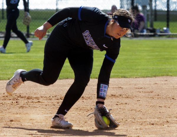 (Thumbnail) Eastern Illinois softball senior infielder Briana Gonzalez fielding a ground ball while playing shortstop at Williams Field during Eastern’s first game against Southeast Missouri State as Eastern split the games as Eastern lost the first game 3-0 and won the second 8-5 on Saturday.