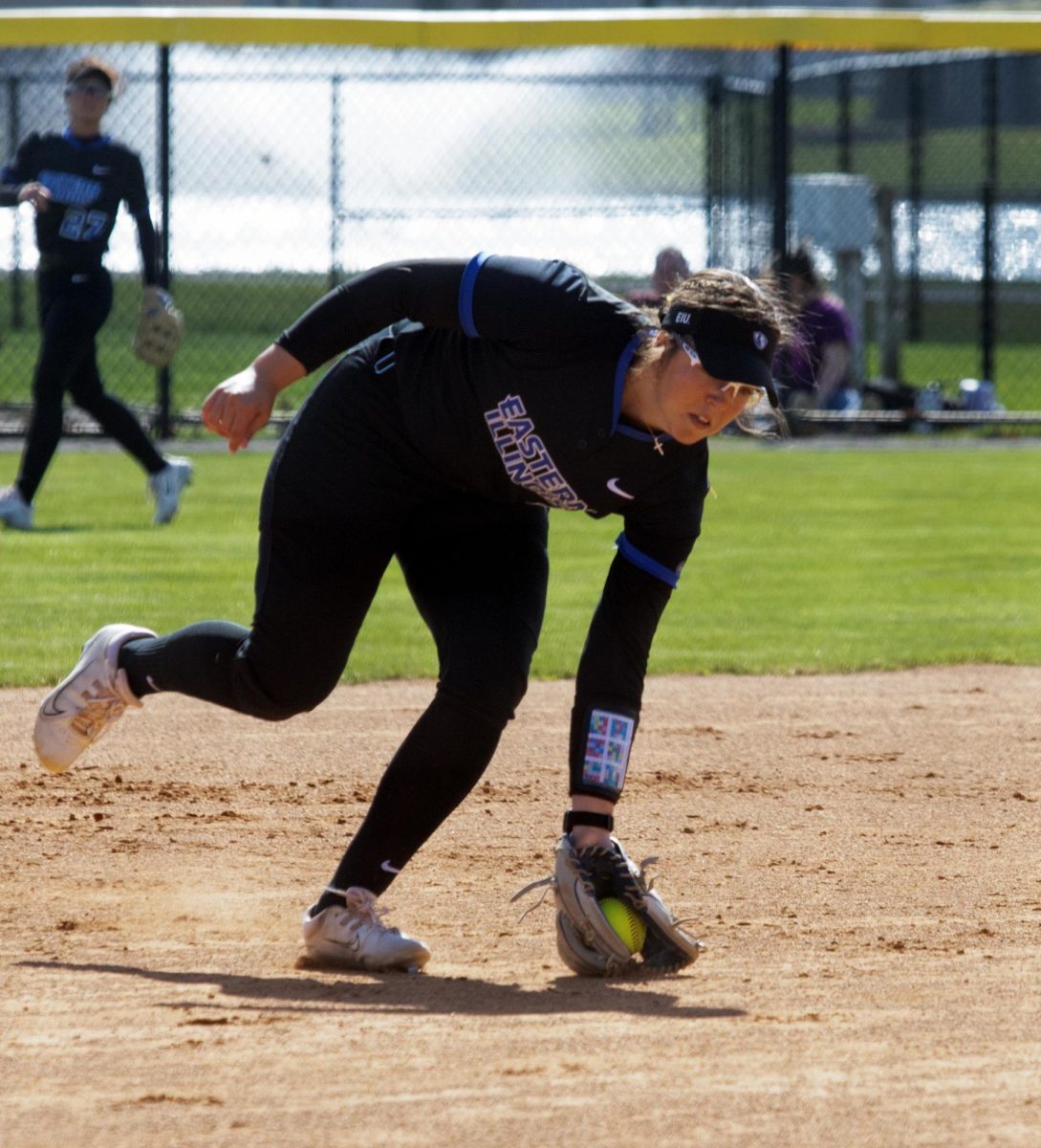 Eastern Illinois softball senior infielder Briana Gonzalez fielding a ground ball while playing shortstop at Williams Field during Eastern’s first game against Southeast Missouri State as Eastern split the games as Eastern lost the first game 3-0 and won the second 8-5 on Saturday.