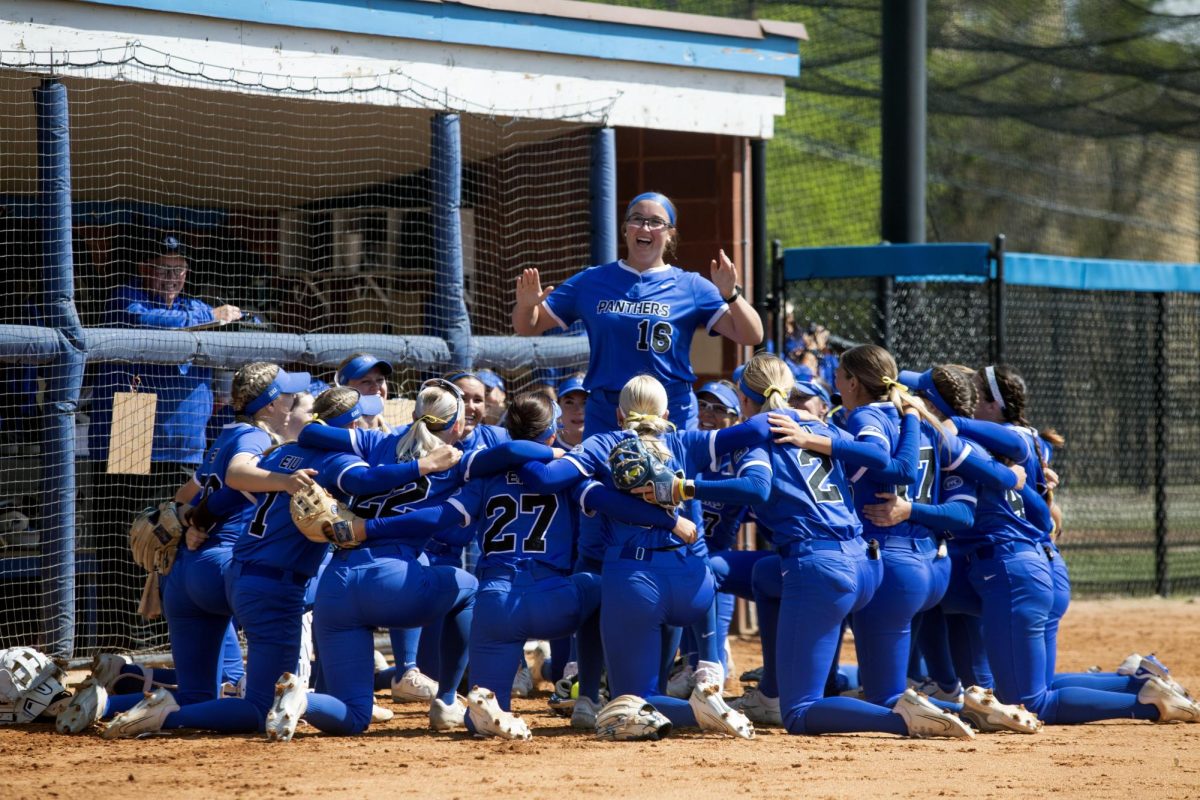 Eastern Illinois softball sophomore pitcher McKenzie Oslanzi hyping up her team before the game as Eastern lost to Southern Illinois University Edwardsville 3-1 on senior day at Williams field on Saturday.