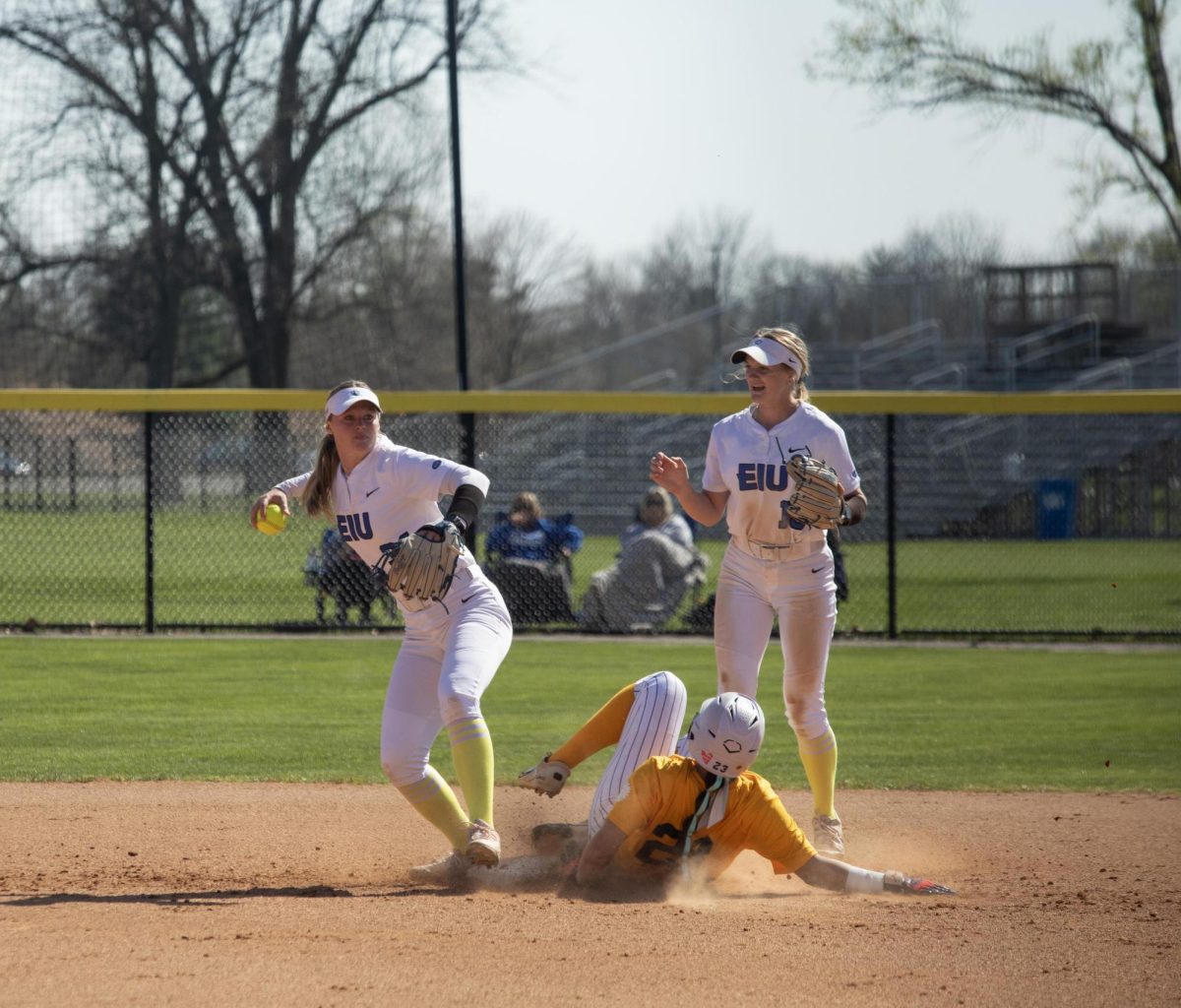 Eastern Illinois freshman infielder Maddux Marshall stepping on second base to get Southern Indiana junior infielder Julianna Hibbs out after a ground ball was hit to Marshall during its annual care game and Eastern’s win against Southern Indiana 5-2 at Williams field on Saturday April 12.