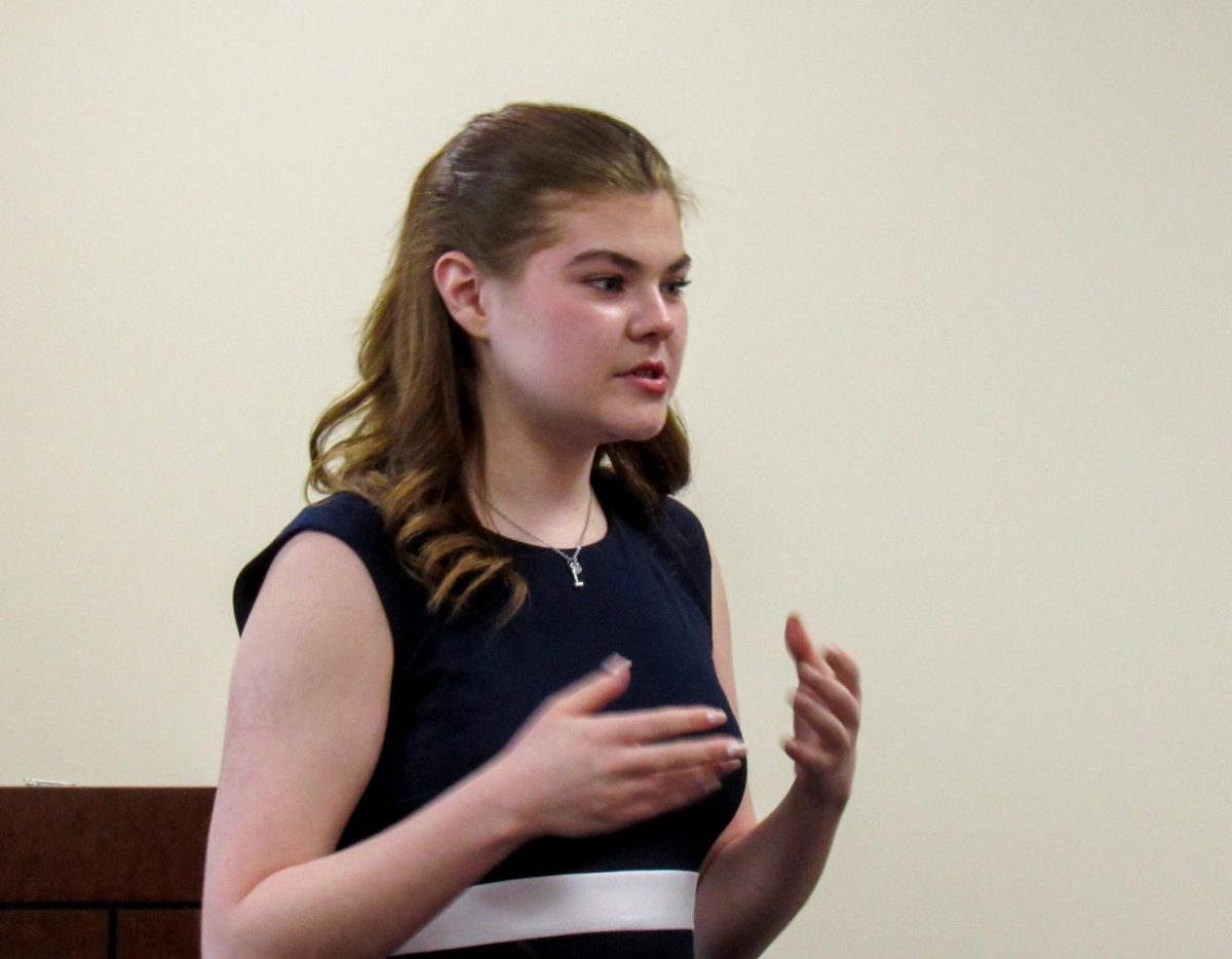 Newly elected Speaker of the senate Megan Fox answering questions on her plans as speaker at the final student senate meeting of the year in the 1895 room in the Martin Luther King jr. union on Wednesday.