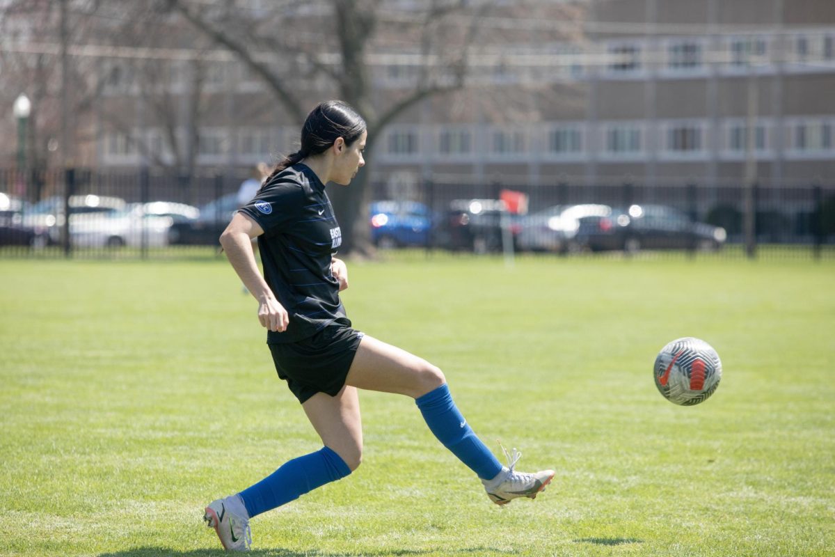 Eastern Illinois women’s soccer senior defender Elisa Solis kicking the soccer ball down field during Eastern’s lost to Illinois State 1-0 at its spring game at Lakeside field on April 12, 2025., on the Eastern Illinois University campus. Charleston ILL. 
 